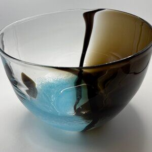 Hand Blown Art Glass Bowl Aqua Blue Amber Black Swirl Modern Studio Centerpiece